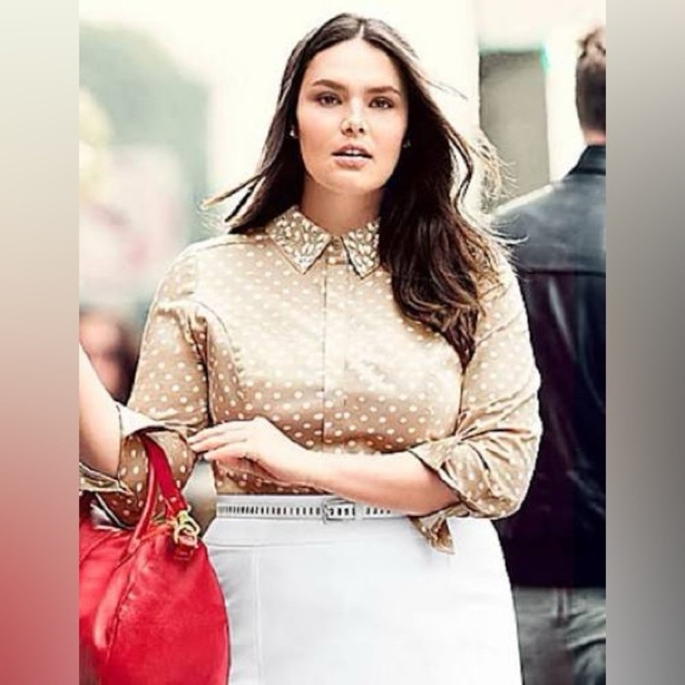 Lane Bryant Preppy Embellished Collar Tan Polka Dot Button Down Shirt Size 18‎